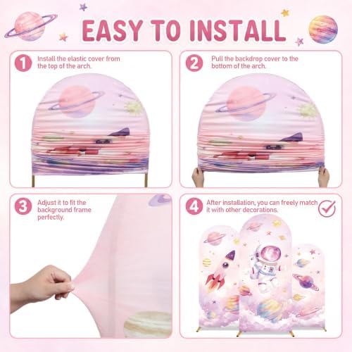 3Pcs Outer Space Arched Backdrop Covers Pink Astronaut Party Decorations - Image 4