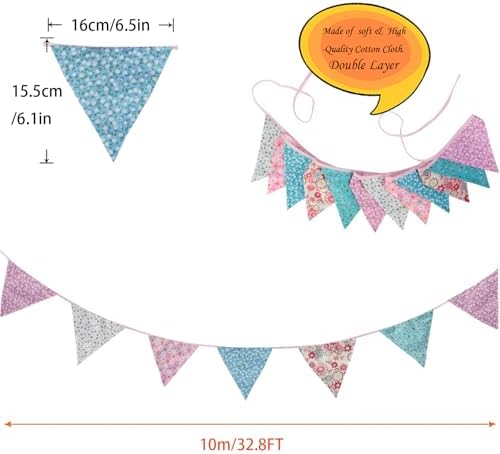 Zwiebeco 32Ft Pink Blue Purple Floral Fabric Bunting Triangle Flag Cotton Flower Pennant Banner Decoration for Birthday Wedding Engagement Baby Shower Tea Party Spring Rustic Village Home Garden Décor - Image 2
