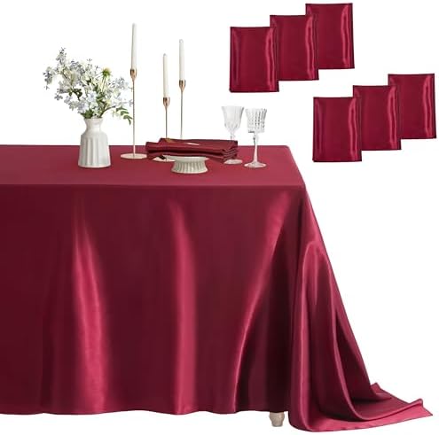6 Pack Satin Table Cover Rectangle, 60 x 84 Inches, Burgundy by Counfeisly