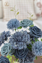 TINGE TIME 23pcs Artificial Flowers Combo, Roses Dahlia Dusty Blue - Image 4