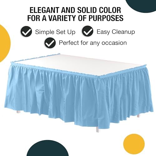 Exquisite Light Blue Table Skirt 48 Pack - Disposable Plastic Table Skirts for Rectangle Tables 6ft 8ft & Round Tables - 29in x 14ft Self-Adhesive Strip - Birthday Wedding Gender Reveal Decor - Image 2
