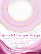 WDF 60Pcs Pink Plates Disposable with Gold Rim - Baroque Clear Pink and Gold Plastic Party Plates Ideal for Wedding/Baby Shower/Spring - Image 4