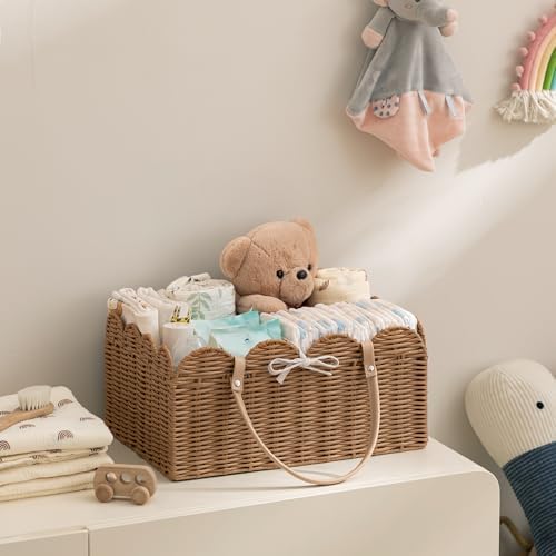 HBlife Baby Diaper Caddy Organizer, Portable Scalloped Plastic Wicker Woven Basket with Divider, Nursery Diaper Station, Baby Shower Gifts Basket, Car Organizer, Washable Waterproof - Image 3