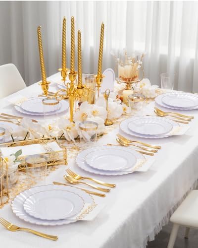 YOUBET 175PCS White and Gold Scalloped Plastic Plates for Party Wedding - Image 3