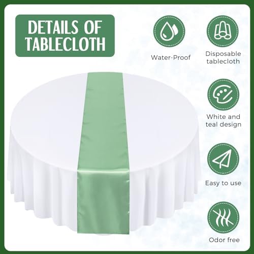 Tudomro 16 Pcs White and Sage Green Round Tablecloth and Satin Runner Set - Image 3