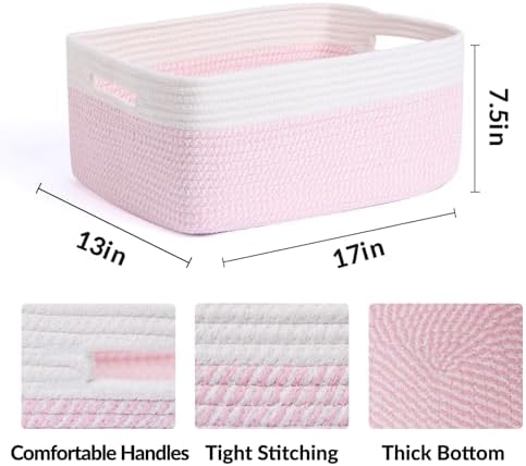 MiniArk Large Storage Baskets for Organizing, 17 x 13 x 7.5” Closet Shelf Baskets for Clothes Blanket Towels, Baby Nursery, Toy Bins Box, Woven Rope Baskets, 4 Packs Woven Pink - Image 2