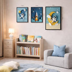 PORENY Astronaut Nursery Wall Art Set of 3, Rocket Moon Planet Canvas Prints, Cute Outer Space Nursery Decor, Space Theme Kids Room Artwork for Baby Boys Girls Bedroom Wood Framed 12x16 Inch - Image 4