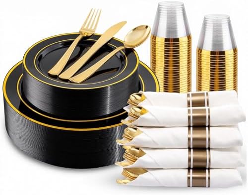 WDF Partyware 175PCS Black and Gold Plates - Black Disposable Plates for Party - 25Guests Disposable Dinnerware Set for Wedding/Party/Birthday/Halloween by WDF