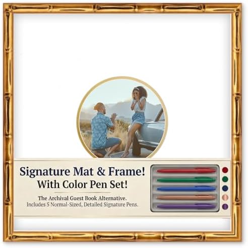 CountryArtHouse Signature Keepsake Frame - Circle Mat Window - Gold Bamboo Genuine Hardwood 20x20 8x8 Photo - Metallic Gold Border Mat - Gel Pens Included for Guest Signing by CountryArtHouse