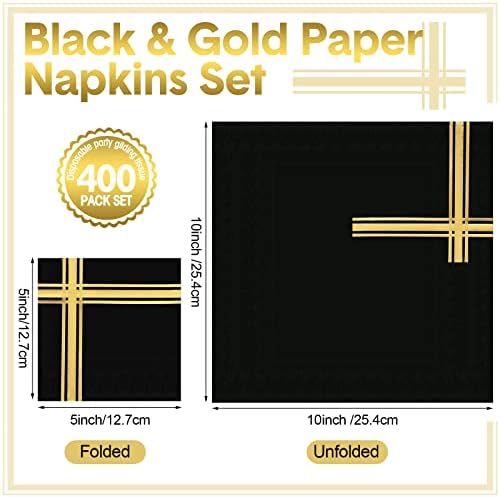 Taobary 400 Pcs 3 Ply Cocktail Napkins with Gold Foil Trim, Black and Gold - Image 2