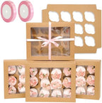 qiqee Auto-pop Up Cupcake Boxes with Window Brown 40PCS 12 Count Cupcake Box 13"x10"x3.5" Cupcakes Carrier, 12 Cupcake Containers with 2 rolls of pink ribbons by Qiqee