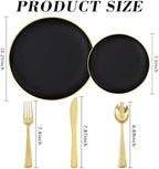 YOUBET 125PCS Black Plastic Plates with Gold Rim - Image 2