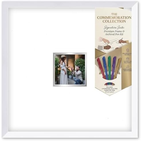 Solid Wood Signature Frame With Square Opening - White Wood - Metallic Silver Accent Mat - Guest Book Alternative With Gel Pens Made in the USA by CustomPictureFrames