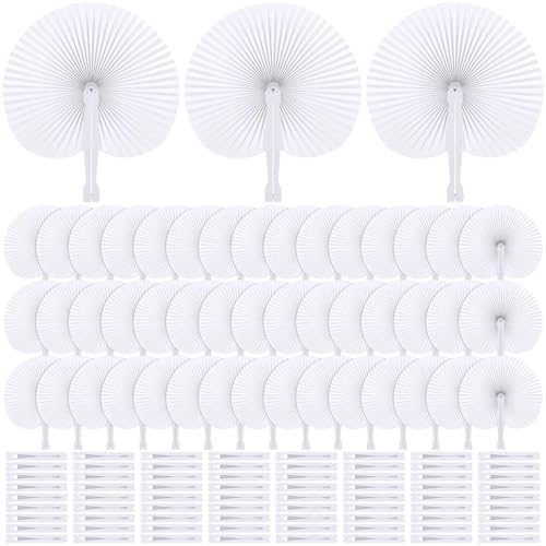 Aodaer 200 Pieces Folding Handheld Paper Fans 9 Inch White Wedding Paper Fans Round Shaped Fan with Plastic Handle for Wedding Favors Guests, DIY Decoration (Round) by Aodaer
