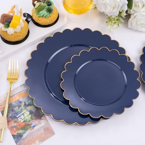LIYH 60 Pcs Navy Blue Plastic Scalloped Plates with Gold Rim, Blue and Gold Disposable Patriotic Plates for Party Included 30 Dinner Plate 10.25 30 Dessert Plate 7.5 Inch for Party - Image 3