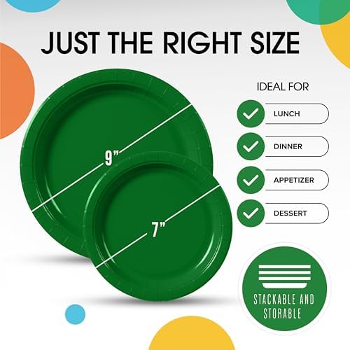 Party Solids Exquisite Emerald Green Paper Plates Disposable Heavy Duty 200 Pcs - 100-7" & 100-9" Emerald Green Disposable Plates for Party Heavy Duty 350 GSM for Birthday Supplies - Image 3
