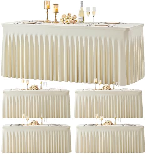 4 Pack 8ft Beige Spandex Tablecloths for Rectangle Tables Wrinkle Free Beige Rectangle Table Cloth Stretch Fitted Table Cover with Skirt for Wedding Birthday Party Banquet Baby Shower Buffet Event by Suppromo