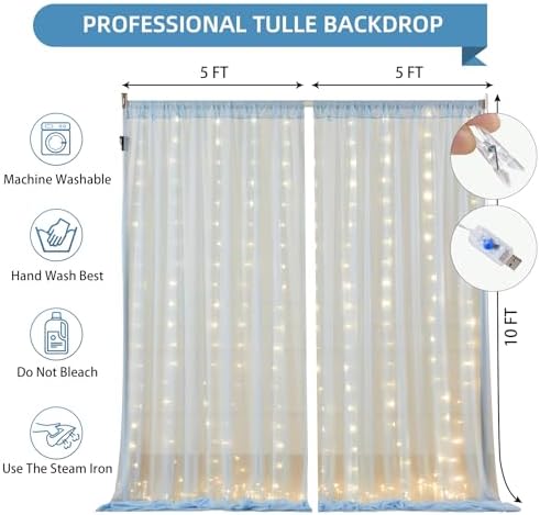 10x10FT Blue Wrinkle Free Backdrop Curtains with Lights String for Parties - Photo Curtain Backdrop with Lights for Wedding Decorations, Bridal Baby Shower Birthday Party Photography Background - Image 6