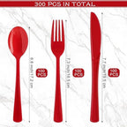 Kochorie 300 Pieces Red Plastic Silverware, Heavy Duty Plastic Cutlery Set - Image 2