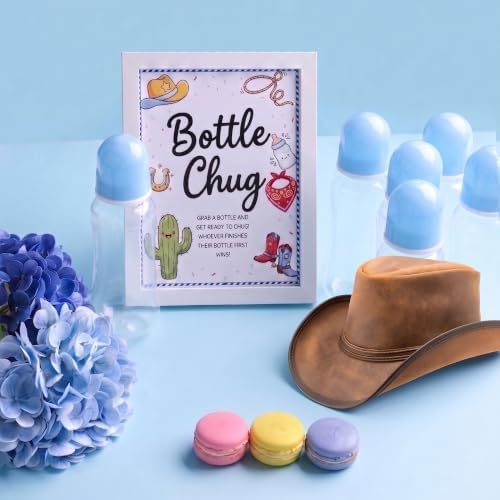 Funny Bottle Chug Baby Shower Drinking Game for 15 Guests, Includes 15 Pack 8.5oz Baby Bottles with Nipples & Standing Wood Framed Sign, Western Cowboy Baby Shower Favors & Party Activities(Blue) - Image 4