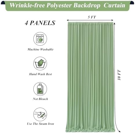 20x10ft Sage Green Backdrop Curtains with Lights Photo Drapes Wrinkle Free Fabric Backdrop Curtain for Wedding Birthday Party Baby Shower Bridal Shower Home Party Background Decorations - Image 6