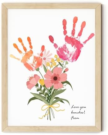 TwoDays Flower Bouquet Handprint Art Craft DIY Kit, Unique Gifts for Mom From Daughter or Son for Mother's Day Birthday Christmas, Gift for Grandma.(12" X 16", With Wood Frame) by TwoDays