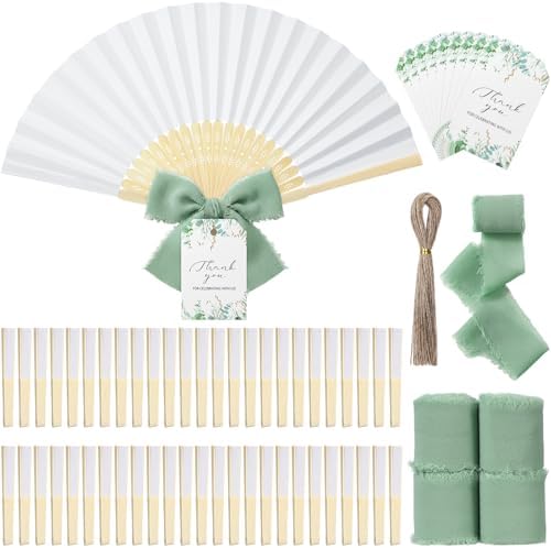 50 Sets Wedding Fan Favors for Guests, White Folding Hand Fans with Thank You Tags and Chiffon Ribbon, Wedding Guest Gifts for Bridal Shower, Baby Shower and Church Events(Green,Leaves) by Unknown