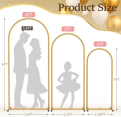 Metal Arch Backdrop Stand 3 Set (6FT+5FT+4FT), Gold Wedding Arch Frame - Image 7