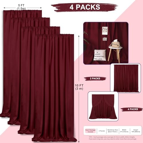Burgundy Backdrop Curtains 20ftx10ft Christmas Polyester Photo Drapes - Image 4