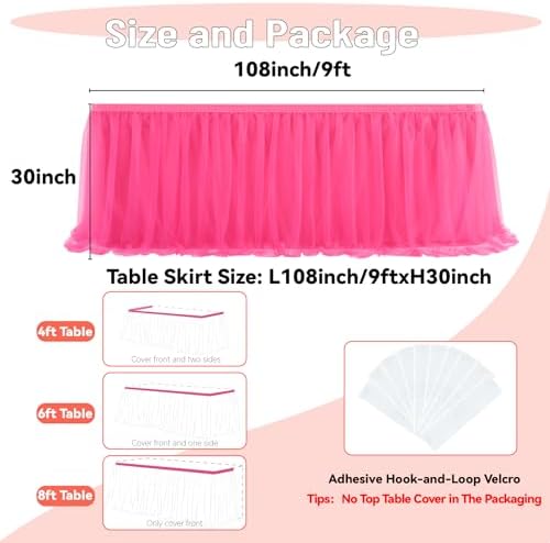 108in Hot Pink Tulle Table Skirts for Rectangle Tables 6/8/4ft, 2-Layer Ruffle Tulle Tutu Fuchsia Cloth Table Skirt 9ft for Barbie Birthday Party Wedding Baby Shower Cake Dessert(No Table Top Cover) - Image 4