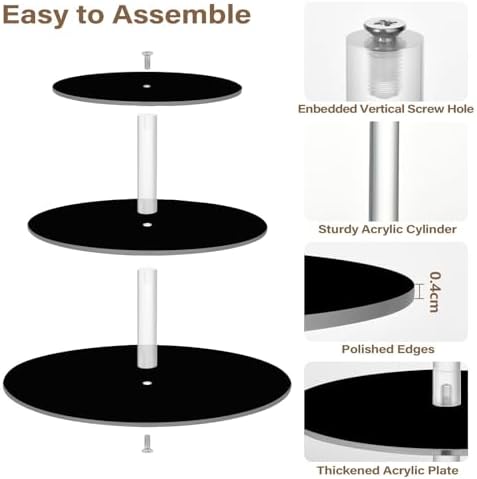 J JOYSAY Black Pattern Acrylic Cupcake Stand 3 Tier Dessert Table Display Set Clear Cake Stands for Baby Shower Party Wedding Decorations Easy Assembly Pastry Tower - Image 2