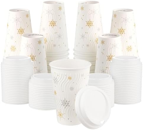 16oz Christmas Disposable Coffee Cups with Lids White Snowflake Winter Togo by HarvestPackGOURMETSHOWCASE