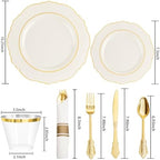 Liacere 350PCS Ivory Plastic Plates-Cream Disposable Plates With Gold Rim- Baroque Plastic Dinnerware include 100 Plates - 50 Pack Pre Rolled Napkins Silverware 50Cups for Thanksgiving＆Fall Party - Image 3