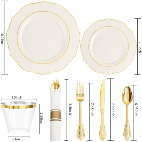 Liacere 350PCS Ivory Plastic Plates-Cream Disposable Plates With Gold Rim- Baroque Plastic Dinnerware include 100 Plates - 50 Pack Pre Rolled Napkins Silverware 50Cups for Thanksgiving＆Fall Party - Image 3