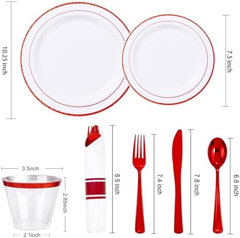 WELLIFE 210 Piece Red Plastic Dinnerware Set, Disposable Plates for Party,Include: 30 Dinner Plates, 30 Dessert Plates, 30 Pre Rolled Napkins with Gold Silverware and 30 Gold Cups - Image 2
