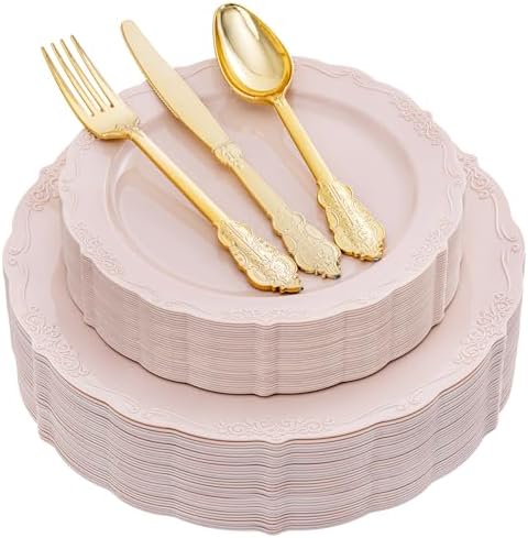 DaYammi 150Pcs Pink Plastic Plates & Gold Plastic Silverware Set for Party by DaYammiwillaccompanyyou