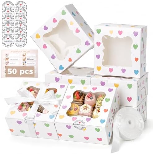 OAMCEG 50 Pack Cookie Boxes with Window, 6x6x3 Inch White Bakery Boxes for Desserts, Donuts,Cookies, Heart-shape Take-out Treat Boxes for Party & Wedding, Gifts by OAMCEG
