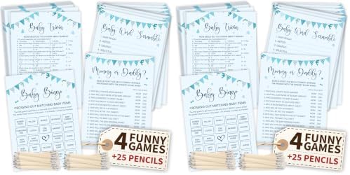 WOODAMORE Hilarious Baby Shower Games Boy - 4 Funny Baby Games for Baby Shower Boy Decorations, Blue Trivia Card Word Scramble Mommy Or Daddy Game for 25 Guests (Pack of 2) by Woodamore