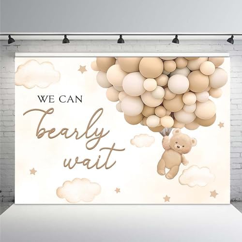MEHOFOND 8x6ft Bear Baby Shower Backdrop We Can Bearly Wait Baby Shower Party Decorations for Boy Hot Airs Balloons Watercolors Clouds Stars Photography Background Newborn Photo Booth Props (Brown) - Image 2