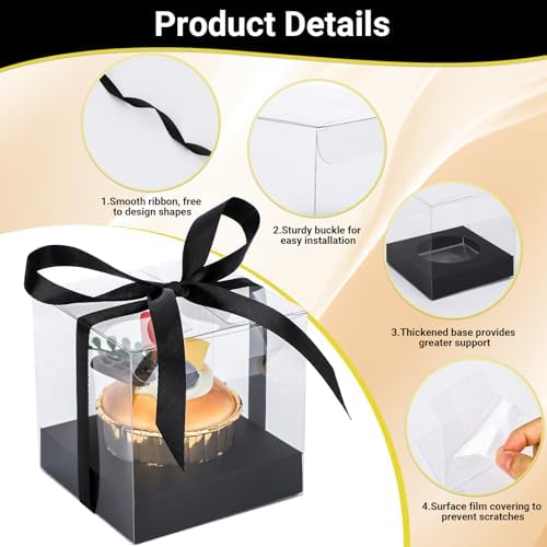 EUSOAR Black Cupcake Containers, 100pcs 3.5 Inch Individual Cupcake Wrappers Cupcake Holder, Single Display Plastic Cupcake Carrier with Ribbon and Inserts for Wedding Birthday Party Favor - Image 3