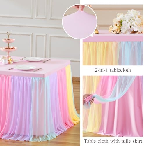 Rainbow Tablecloth Rectangle 8 Foot Elastic Tulle Ruffle Fitted Tablecloths Rectangular Stretch Spandex Table Covers 8ft Baby Shower Birthday Wedding Party Pastel Table Cloths with Skirt - Image 5