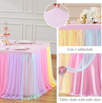 Rainbow Fitted Tablecloth Rectangle 6 Foot Elastic Tulle Ruffle Tablecloths Rectangular Stretch Spandex Table Covers 6ft Baby Shower Birthday Wedding Party Pastel Table Cloths with Skirt 2Pack - Image 3