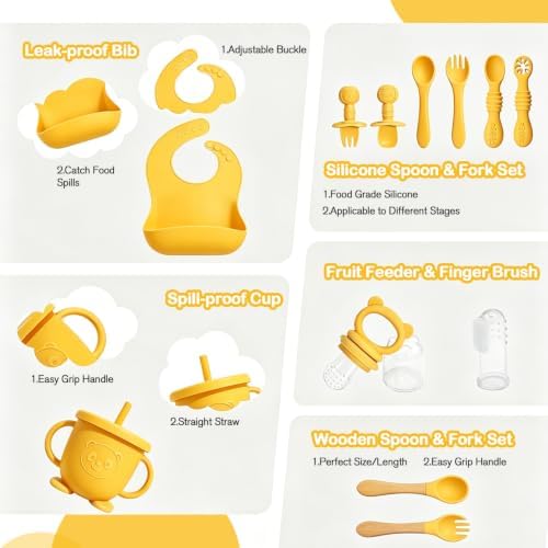 Silicone Baby Feeding Utensils Set for 6+ Months, 17 Pcs, Yellow - Image 7