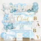 Cloud Baby Shower Decorations – 119 PCs on Cloud 9 Baby Shower Party Supplies with Backdrop, Balloon Garland, Tablecloth, Balloon Boxes, Cake Topper, Boxes, Sash, Badges, Poster by Fiesec