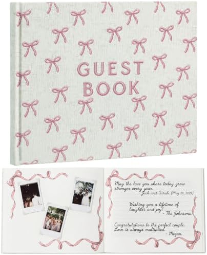 Engrowtic Embroidered Pink Bow Baby Shower Guest Book Linen Cute by Engrowtic
