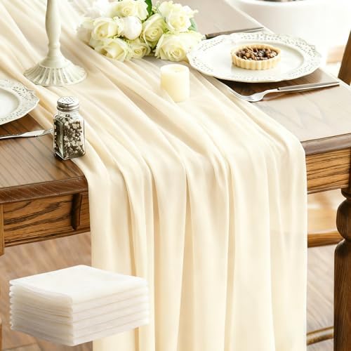 Sheer Chiffon Table Runner 35x120 Inches, Ivory 6 Pack by LINNUO+HOURSE