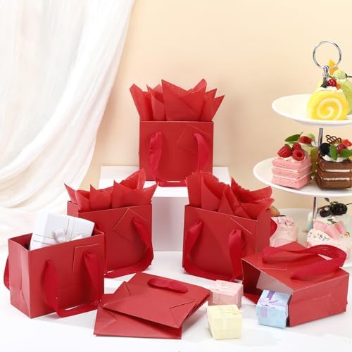 Qilery 50 Pcs Wedding Paper Gift Bags Bulk with Tissue Paper Small Gift Bags with Handle and Tags for Birthday Wedding 4th of July Party Business(Dark Red,4.7 x 2.4 x 3.9'') - Image 6
