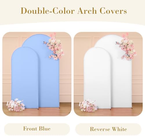 White Blue Photo Arch Backdrop Cover Set of 2-7.2 and 6ft Spandex Arch Covers Stretchy Backdrop Baby Shower Arch Stand Covers for Boys Birthday Party Wedding Balloon Arch Background Decorations - Image 2