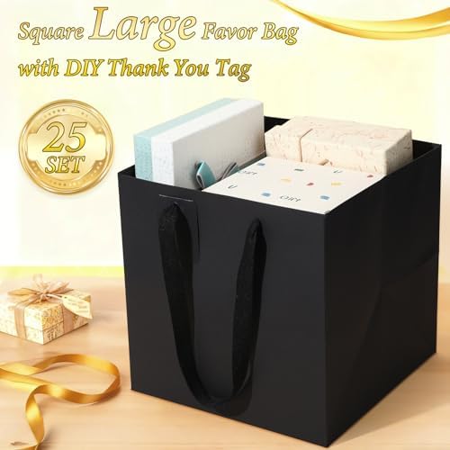 Windyun 25 Pcs Square Paper Gift Bags with Handle 10 x 10 x 10'' Large Favor Bag with DIY Thank You Tag for Wedding Christmas Bridal Shower Bridesmaid Birthday Party (Black) - Image 3