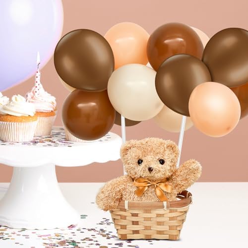 Hollowfly 6 Set Bear Baby Shower Party Decoration Table Centerpieces 6 Gender Reveal Stuffed Plush Bears 6 Bamboo Baskets 60 Colorful Balloons 12 Balloon Stands Birthday Party Wedding(Brown) - Image 3
